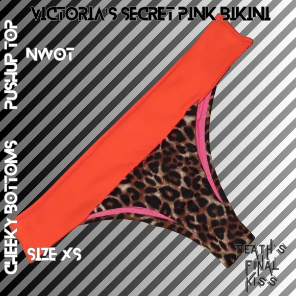 RARE Victoria's Secret PINK Hunter Orange Leopard Cheeky Tiny Pushup Bikini XS - Picture 10 of 15